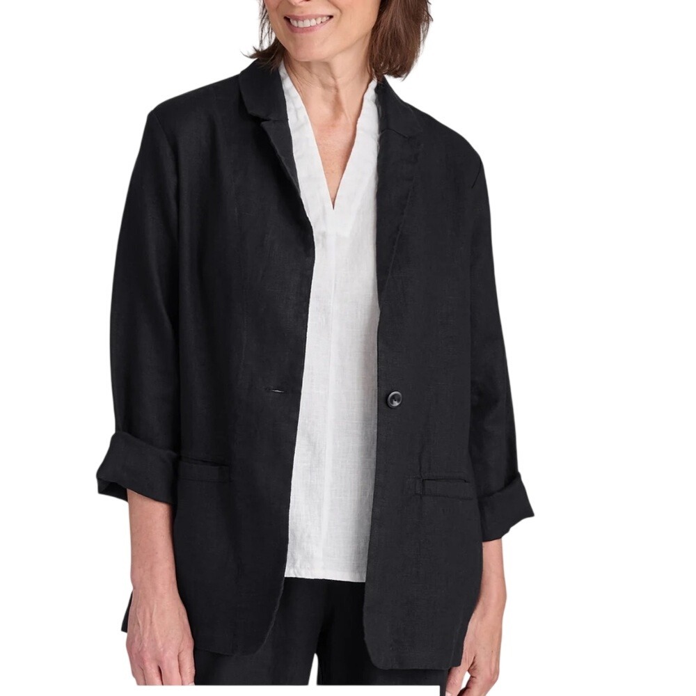 FLAX Size Large Black Kates Blazer Linen Jacket Natural Clean Beauty Lagenlook
